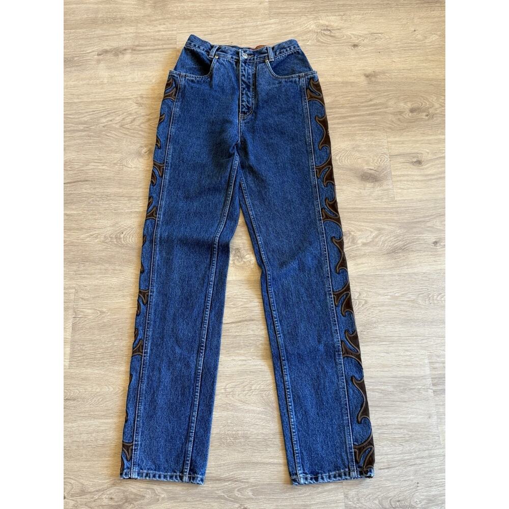 Lawman Vintage Jeans Women Size 7 Western Denim/Leather Studded Pants Blue/Brwn